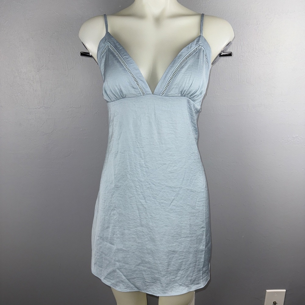 Midnight Bakery Chemise Women's Large Light Blue Marion Lace-Trim Satin